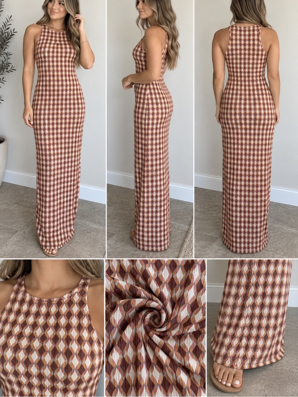 Hippie Rose Brown & Cream Geometric Maxi Dress with leg slit